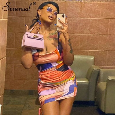 Simenual Satin Drawstring Ruched Women's Party Dresses Strap Summer 2021 Sexy Midnight Club Outfit Bodycon Dress Printing Skinny
